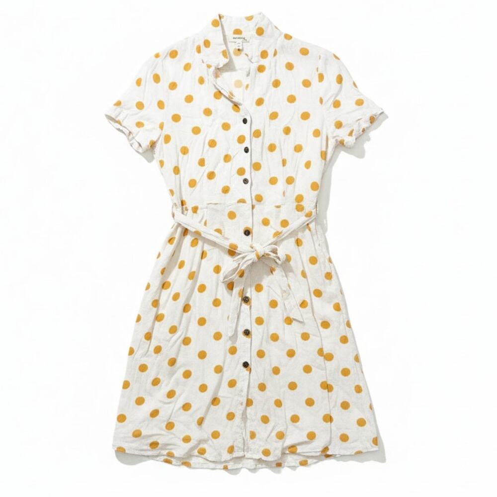 Monteau Yellow Polka Dot Belted Button Linen Blend Short Sleeve Dress Size L